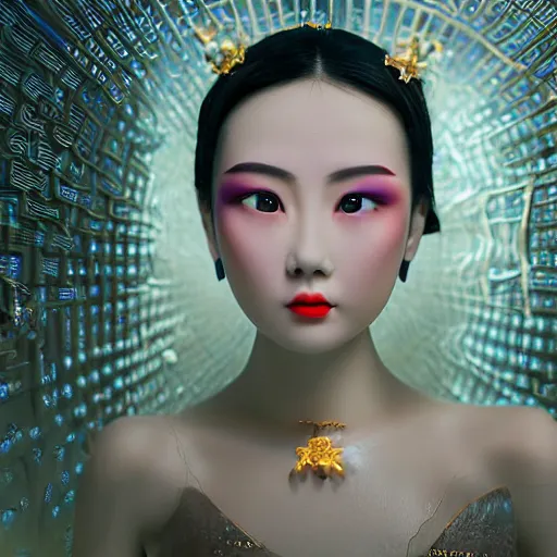 Prompt: closeup photo of beautiful realistic Chinese ancient princess standing in the corridor in the space ship, attractive symmetrical face, big eyes and lips, subtle makeup, clean face and body skin,ecstatic face expression, ornamental jewelry and ancient translucent clothes, futuristic space ship interrior, wires with lights,depth of field, lens flare, moody lighting, moody photography, old photo, black and white, sepia, cinematic lighting, cinematic angle, editorial photography