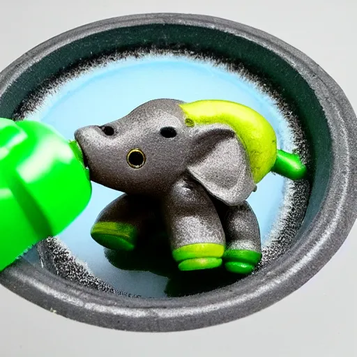 Image similar to macro photo little green elephant cleaning with toothbrush, fisheye, realistic, dramatic