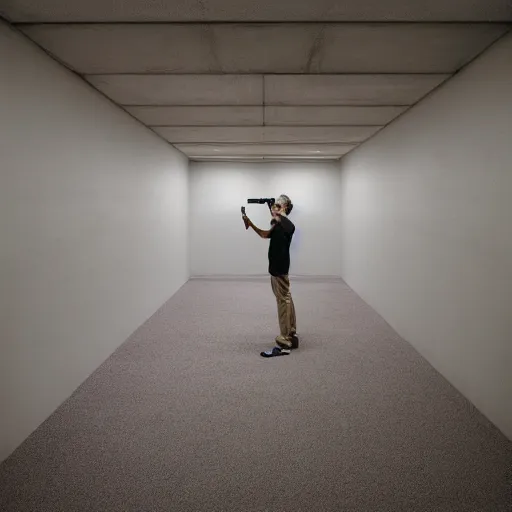 Image similar to a man taking a selfie in a large minimalistic concrete room. room contains upholstered sofas fluorescent ceiling lighting and a rectangular water feature in the center, a tilt shift photo by leandro erlich, featured on cg society, kitsch movement, hall of mirrors, high dynamic range, studio portrait