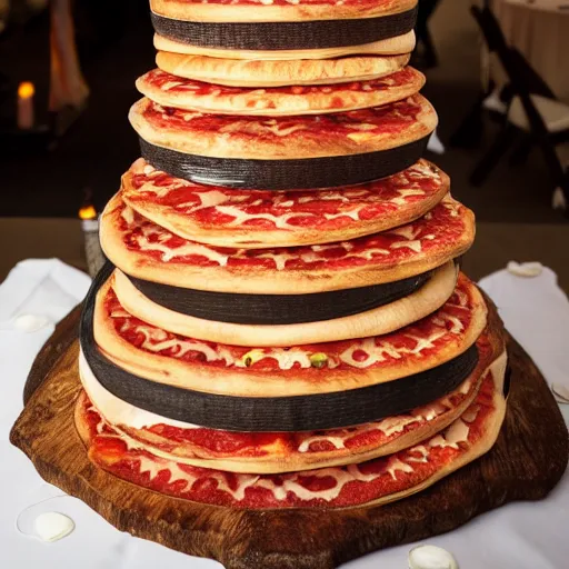 Image similar to multilayer pizza wedding cake, 4 k food photography