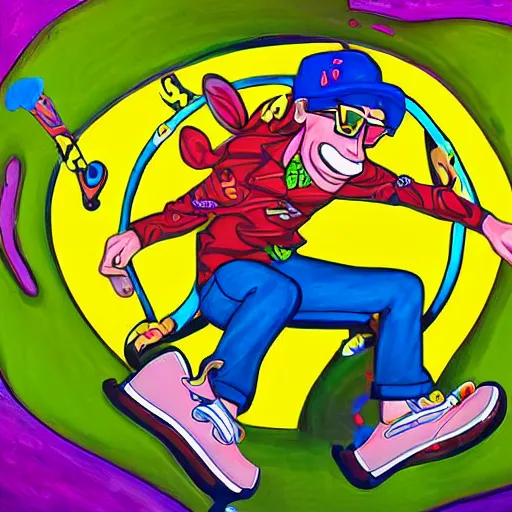 Prompt: high detailed painting of the adult version Otto Rocket of rocket power nick cartoon dancing at a rave