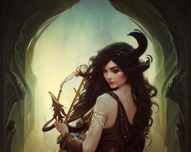 Prompt: photography of a dark long haired elve playing harp, deep focus, d & d, fantasy, intricate, elegant, highly detailed, digital painting, artstation, concept art, matte, sharp focus, illustration, hearthstone, art by artgerm and greg rutkowski and alphonse mucha