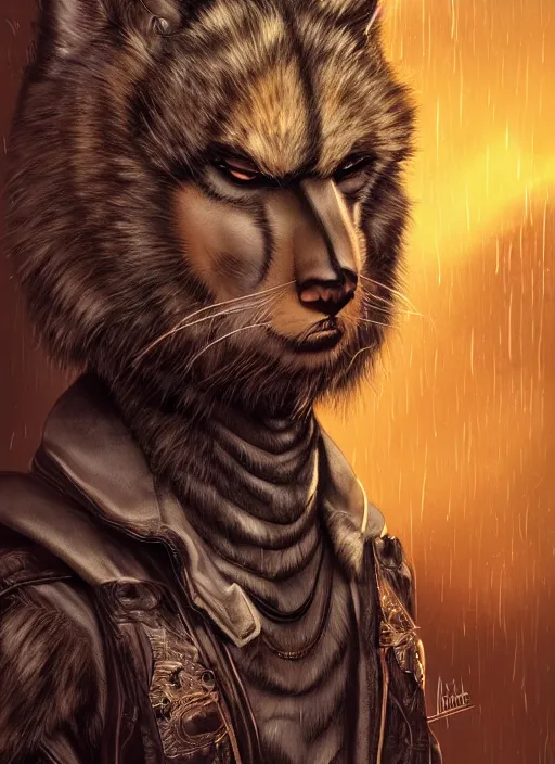 Image similar to aesthetic portrait commission of a of a male fully furry anthro ( animal ) with a tail and a beautiful attractive hyperdetailed face wearing wearing a outfit in a sci - fi dystopian city at golden hour while it storms in the background. character design by dayer, diego 5, detailed, inked, western comic book art, award winning film poster painting