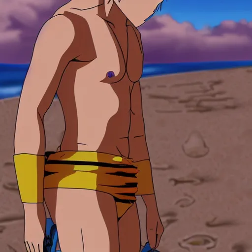 Prompt: naruto wearing trunks in the beach