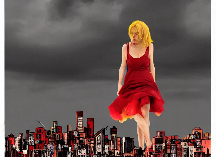 Image similar to mysterious sad rotten girl wrapped in smoke and a red dress is observing a big industrial city metropoli in the distance, cloudy sky, requiem for a dream