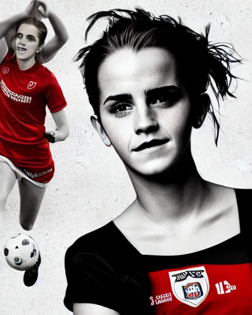 Image similar to a portrait of emma watson wearing lokomotiv football shirt, hyper realistic