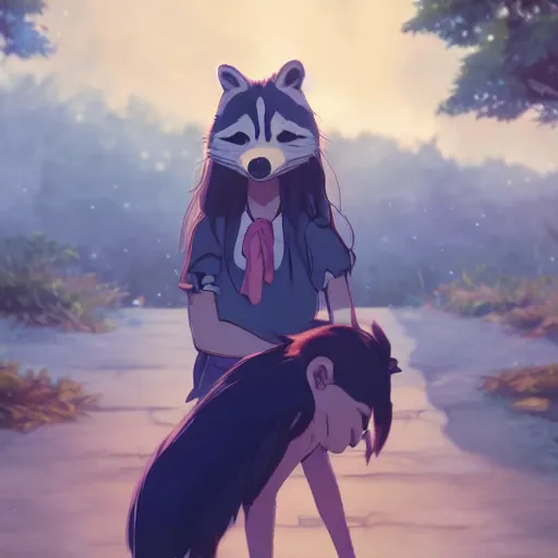 Prompt: a wholesome animation key shot of a girl with long dark blue hair and a raccoon tail, medium shot, studio ghibli, pixar and disney animation, sharp, rendered in unreal engine 5, anime key art by greg rutkowski, bloom, dramatic lighting, trending on artstation