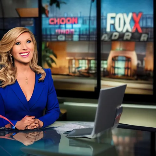 Image similar to cinematic studio photograph of a fox news anchorwoman at work, by daniella zalcman, highly detailed, canon eos r 3, f / 1. 4, iso 2 0 0, 1 / 1 6 0 s, 8 k, raw, unedited, symmetrical balance