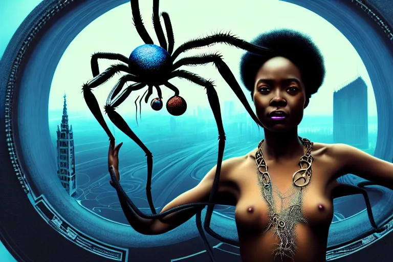 Prompt: realistic detailed photorealistic film portrait shot of a beautiful black woman with a giant spider, sci - fi city landscape background by denis villeneuve, amano, yves tanguy, alphonse mucha, ernst haeckel, max ernst, andrei tarkovsky, edward robert hughes, roger dean, necklace, dynamic pose, rich moody colours, wide angle, blue eyes