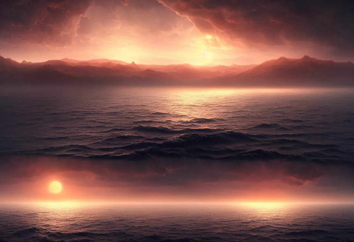 Image similar to strange sea surface of autumn planet at sunset, ultra high definition, ultra detailed, symmetry, fog, matte painting, by greg rutkowski and ross tran and wlop