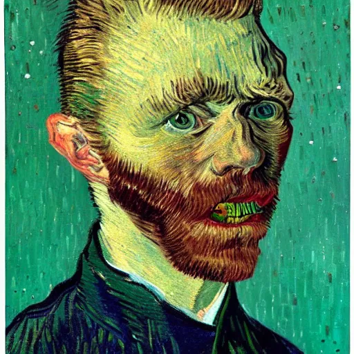 Prompt: painting of a man with insects in his eyes, bloody face, ugly teeth in van gogh style