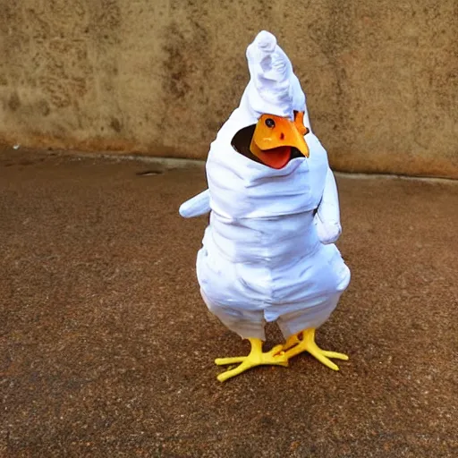 Image similar to chicken wearing prisoner suit