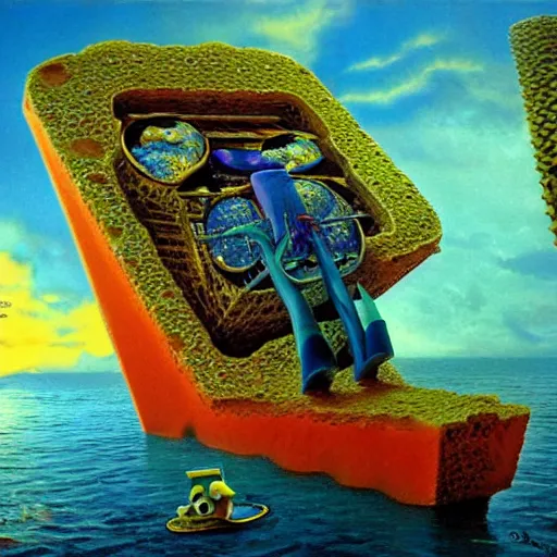 Image similar to surrealism spongebob, epic, cinematic shot, 8k, by Bruce Pennington, sharp focus, highly detailed, saturated