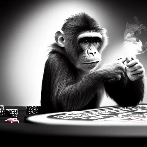 Image similar to monkey in a suit smoking a cigar and playing poker in a casino, 5 0 mm, black and white photo, trending on artstation