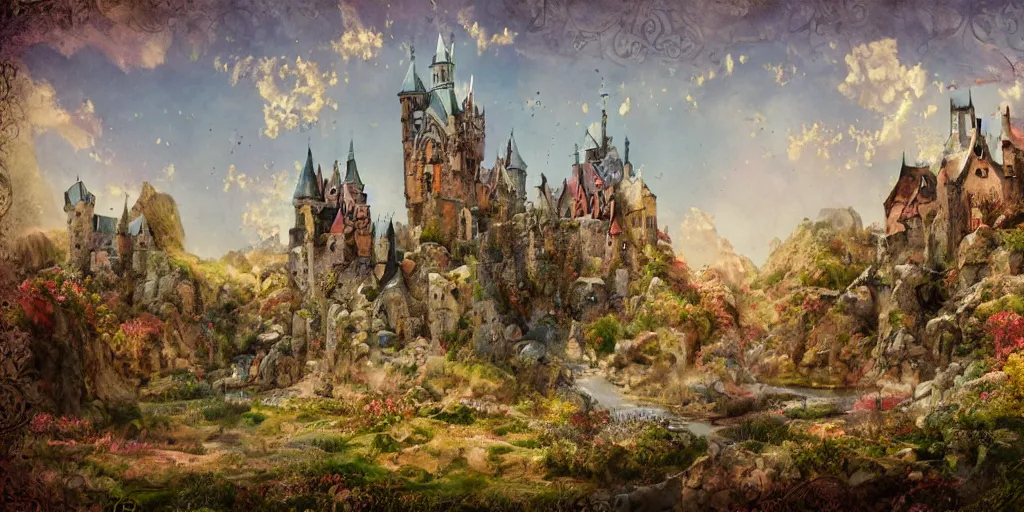 Prompt: beautiful colorful whimsical storybook style full page antique ornate lithograph of landscape with a medieval gothic castle and a medieval village in a valley, by Jean-Baptiste Monge, post processing, painterly, book illustration watercolor granular splatter dripping paper texture. Trending on artstation, post processing, pen and ink work. sharp focus