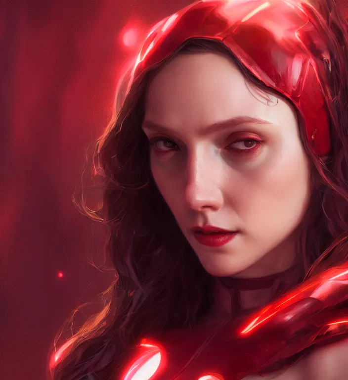 Image similar to Scarlet Witch, portrait, full body, hyper detailed, digital art, trending in artstation, cinematic lighting, studio quality, smooth render, unreal engine 5 rendered, octane rendered, art style by klimt and nixeu and ian sprigger and wlop and krenz cushart