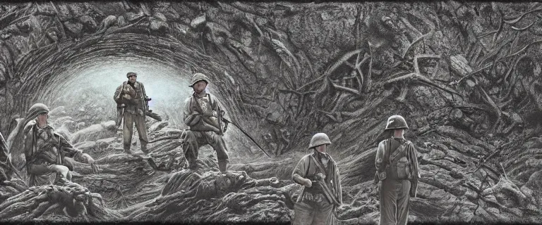 Prompt: four wwii american soldiers in front of the dark portal to hell on a cliff rock in the middle of a forest, highly detailed, creepy cinematic light deep focus, horror, smooth, sharp focus, golden ratio, dramatic illumination, ultra realistic, 4 k, detailed line art by katsuhiro otomo and enki bilal
