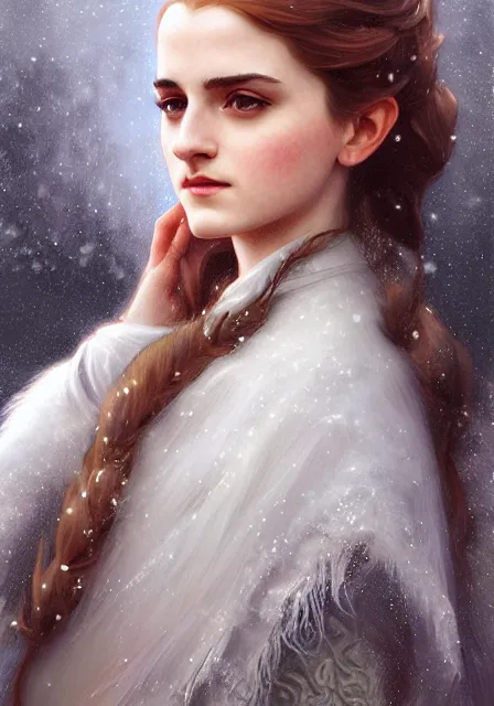 Prompt: sansa emma watson snow queen, intricate, elegant, highly detailed, digital painting, artstation, concept art, smooth, sharp focus, illustration, art by artgerm and greg rutkowski and alphonse mucha and william - adolphe bouguereau