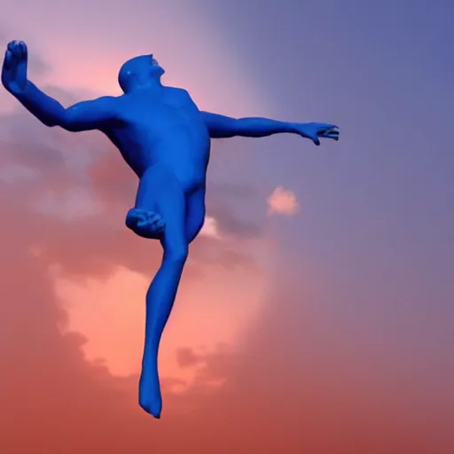 Image similar to giant blue statue face, flying, man, octane render, water, orange sky moebius by jean giraud