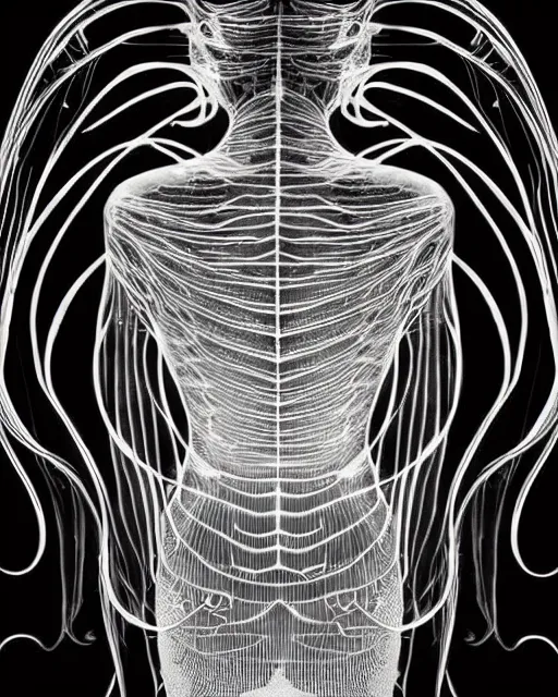 Image similar to mythical dreamy black and white organic bio - mechanical spinal ribbed profile face portrait detail of beautiful intricate monochrome angelic - human - queen - vegetal - cyborg, highly detailed, intricate translucent jellyfish ornate, poetic, translucent microchip ornate, artistic lithography