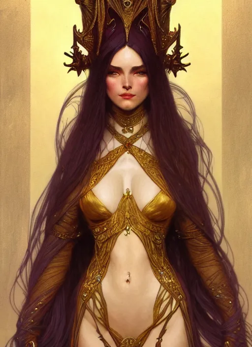 Prompt: character portrait of a wizard woman, tall, feminine, powerful, modestly clothed, voluminous, intricate, elegant, highly detailed, digital painting, artstation, smooth, symmetrical, sharp focus, illustration, art by gaston bussiere and alphone mucha