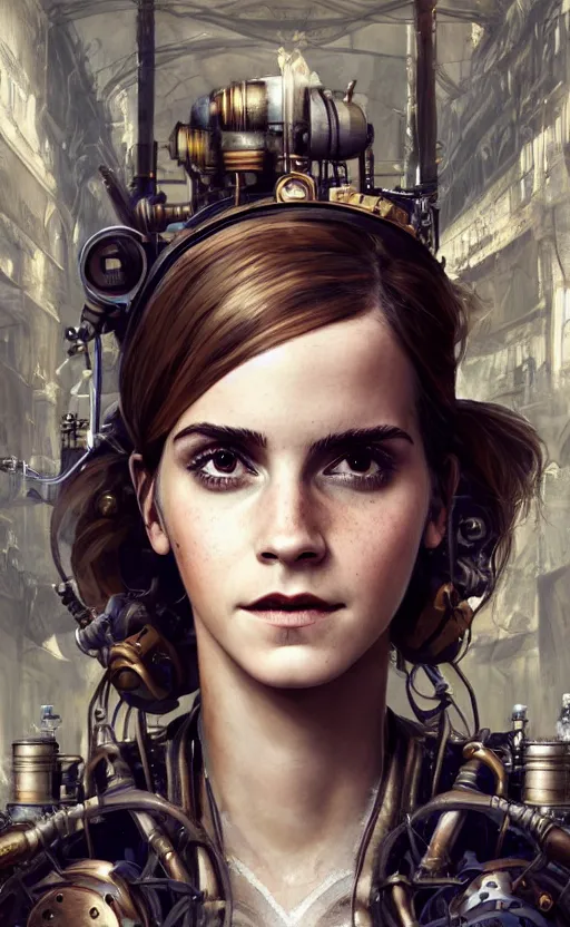 Prompt: steampunk biopunk portrait of emma watson, au naturel, hyper detailed, digital art, trending in artstation, cinematic lighting, studio quality, smooth render, unreal engine 5 rendered, octane rendered, art style by klimt and nixeu and ian sprigger and wlop and krenz cushart.