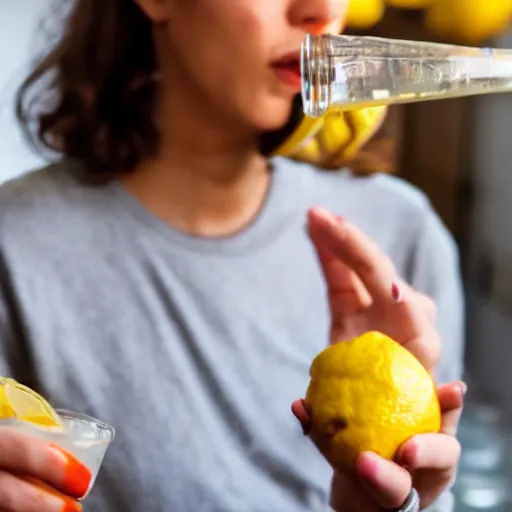 Image similar to a person drinking vodka, with lemon