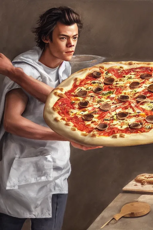 Image similar to Harry Styles making a pizza, oil on canvas, intricate, portrait, 8k highly professionally detailed, HDR, CGsociety