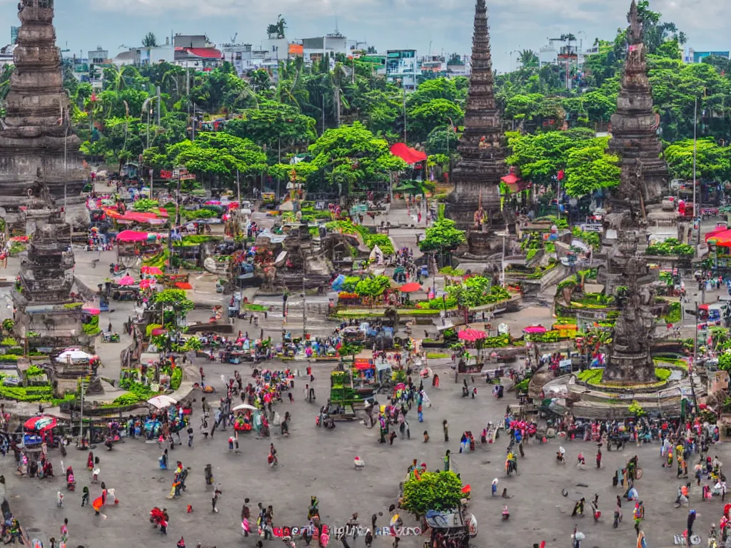 Image similar to tugu jogja with details, and panoramatic view, and dense city crowd feels with javanese wore traditional dress everywhere, high definition art, 4 k images