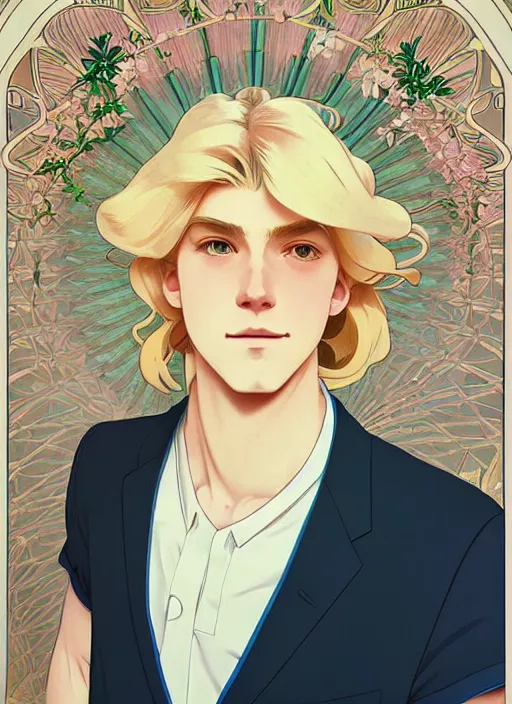 Image similar to pretty young man with shoulder length blond hair, male, half body shot, path traced, highly detailed, high quality, digital painting, by studio ghibli and alphonse mucha, leesha hannigan, hidari, art nouveau, chiho aoshima