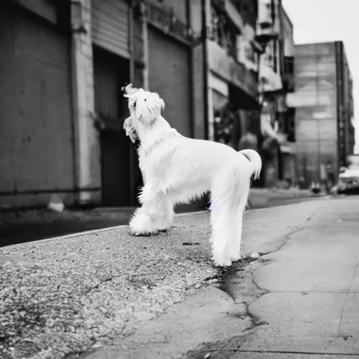 Image similar to photo of a white schnauzer dog with open wings on his back sitting on the street of an abandoned dystopic city, hyprrealism, 5 5 mm photo