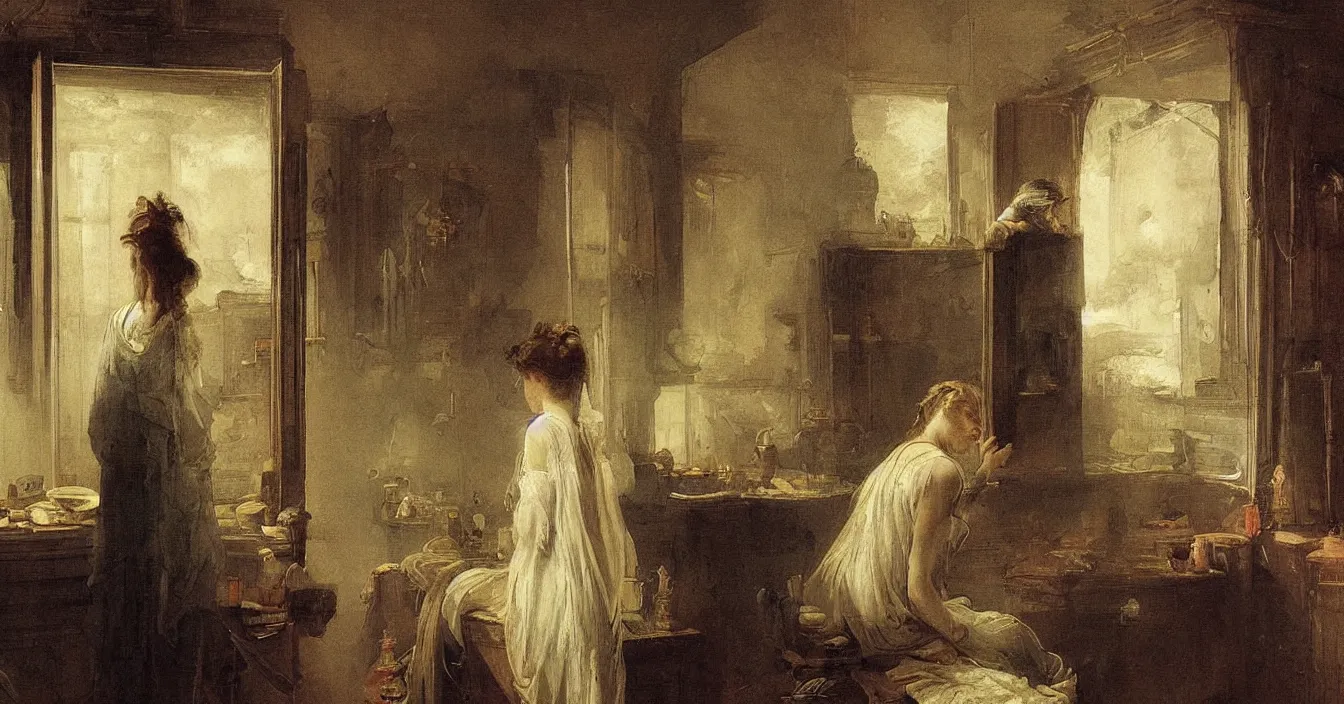 Image similar to view from behind mirror, very deep stillness atmosphere, dimension of still moment, spiritual style, digital art, by augustus edwin mulready