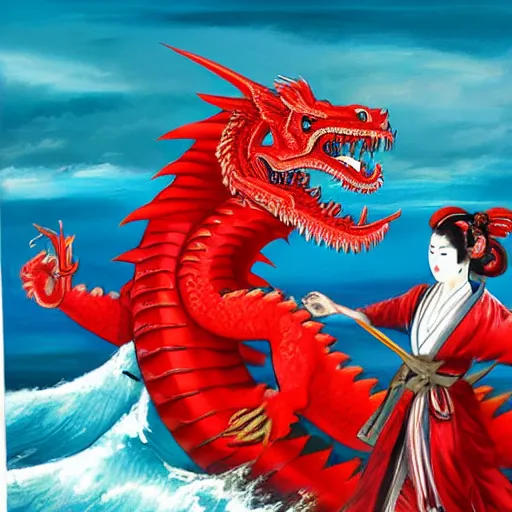 Image similar to great red bloody dragon goes against samurai and a beautiful geisha under intense dark clouds fighting tooth and blood over the great vast blue ocean oil painting 8 k