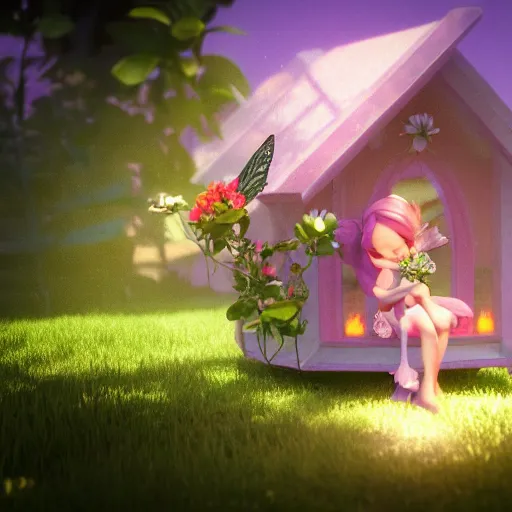 Prompt: a tiny cute fairy in a flower house, cute, adorable, volumetric light, octane render, trending on artstation