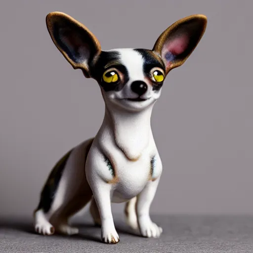 Prompt: A porcelain model of a chihuahua painted in an Emma Bridgewater pattern, sculpture, photograph, studio lighting, product photography, advertising photography, pottery, figurine, octane render –H 768