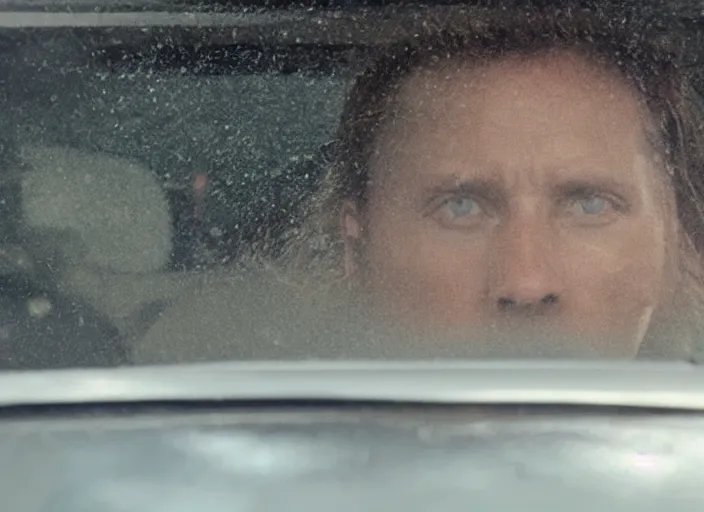 Image similar to A very high resolution image from a new movie, inside of a car, raining, hot, directed by wes anderson