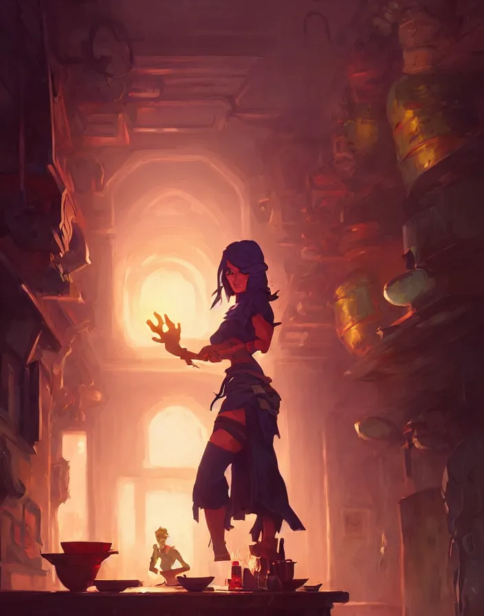 Image similar to super epically realized digital art depicting a rogue in a tavern, by stephen bliss, greg rutkowski, loish, rhads, makoto shinkai and lois van baarle, ilya kuvshinov, rossdraws.