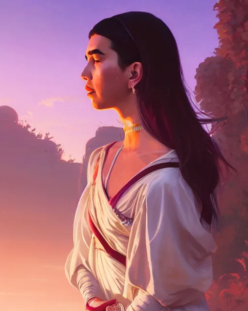 Image similar to portrait of Dua Lipa as a modest renaissance goddess, in GTA V, Stephen Bliss, unreal engine, by Greg Rutkowski, Loish, Rhads, Makoto Shinkai and Lois van baarle, ilya kuvshinov, rossdraws, global illumination, radiant light, detailed and intricate environment