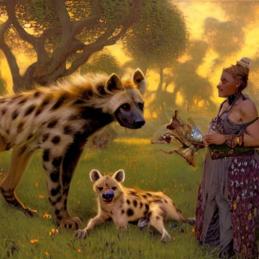 Image similar to a field with a female hyena hyenawoman canine in wizard robes. zootopia fursona furaffinity furry art detailed face painting by gaston bussiere craig mullins jc leyendecker gustav klimt artgerm greg rutkowski furry