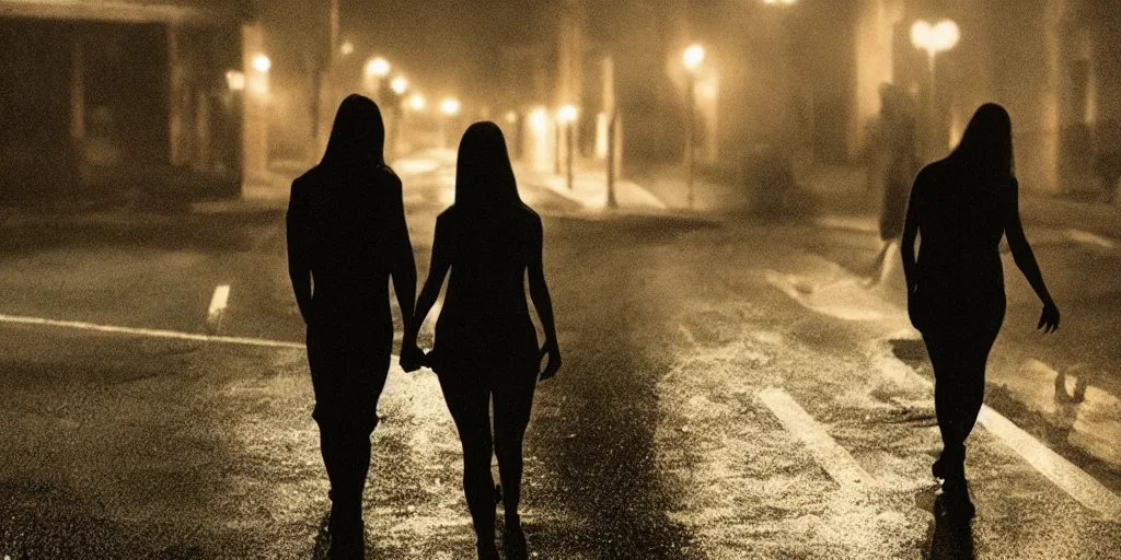 Image similar to A demon and a woman holding hands standing in the middle of the street at night, horror, horror photography, cinematic, cinematic lighting, volumetric lighting, atmospheric, octane render, unreal engine, HD, phot, realistic, photo realistic, hyper realistic, hyper realism, photo by Gregory Crewdson, film by Gregory Crewdson