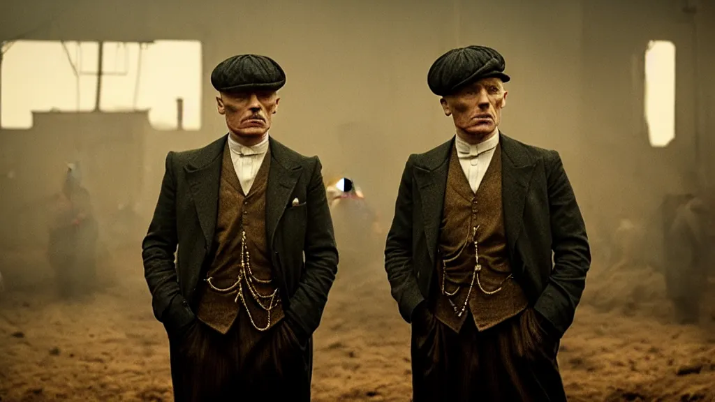 Prompt: the peaky blinders with prickly pears heads, film still from the movie directed by denis villeneuve with art direction by zdzis