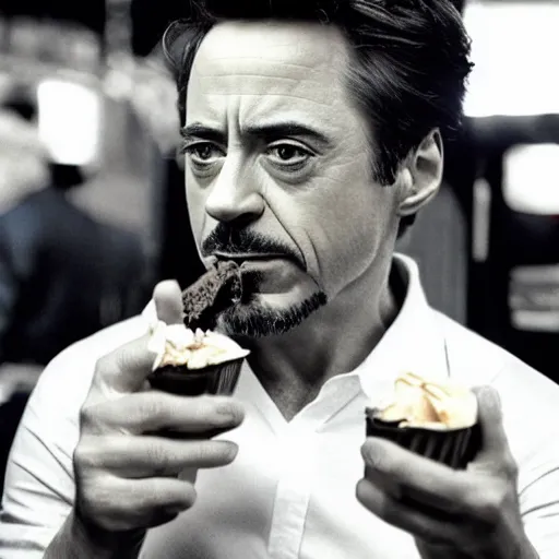 Image similar to a full portrait photo of robert downey jr eating ice cream in movie iron man, f / 2 2, 3 5 mm, 2 7 0 0 k, lighting, perfect faces, award winning photography.