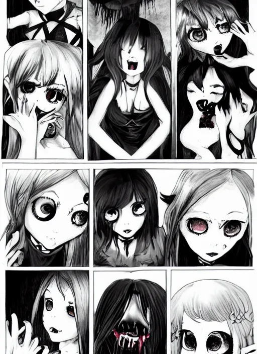 Image similar to a dark picture comic featuring blood horror and goth anime girls, anime vampires, evil horror vibes