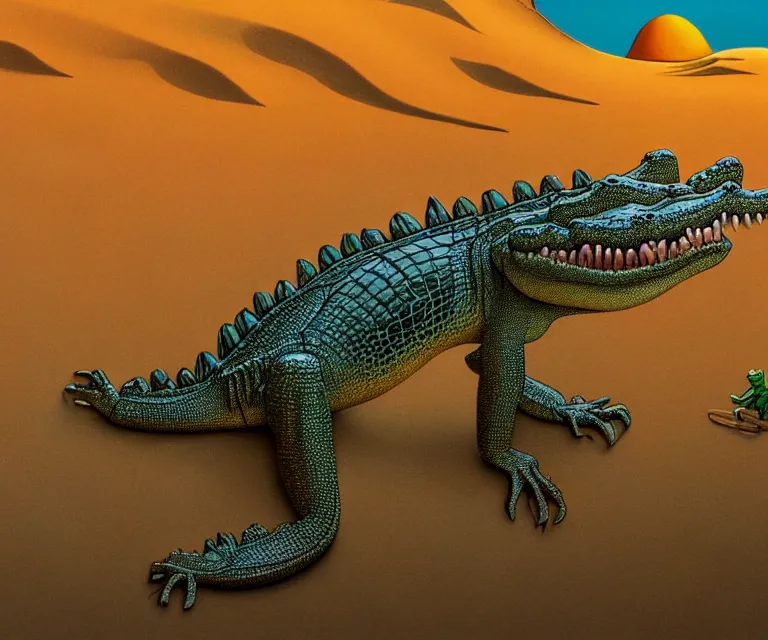 Image similar to hyper detailed 3d render like a Oil painting - a cartoon crocodile in a desert, by Jacek Yerka, Mariusz Lewandowski, Houdini algorithmic generative render, Abstract brush strokes, Masterpiece, Edward Hopper and James Gilleard, Zdzislaw Beksinski, Mark Ryden, Wolfgang Lettl, hints of Yayoi Kasuma, octane render, 8k