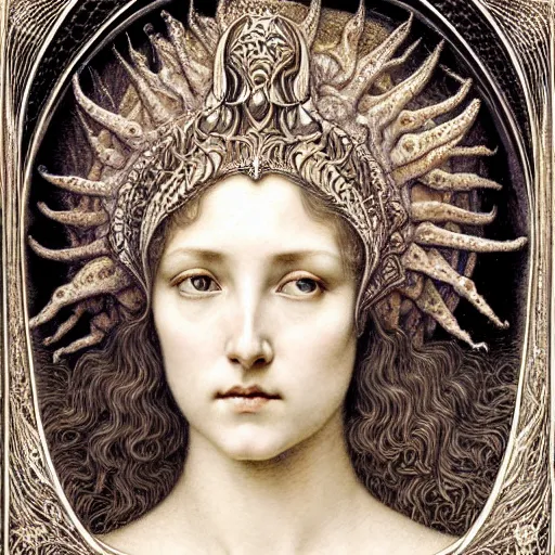 Image similar to detailed realistic beautiful young medieval queen face portrait by jean delville, gustave dore, iris van herpen and marco mazzoni, art forms of nature by ernst haeckel, art nouveau, symbolist, visionary, gothic, pre - raphaelite, fractal lace, memento mori