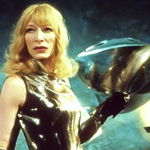 Prompt: cate blanchett fighting a monster, barbarella