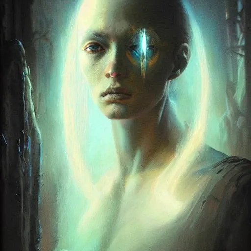 Image similar to a hyperrealistic acrylic on canvas portrait painting of a beautiful alien priestess by Greg Rutkowski, Artgerm and Beksinski. Epic fantasy art. Volumetric lighting. Night scene.