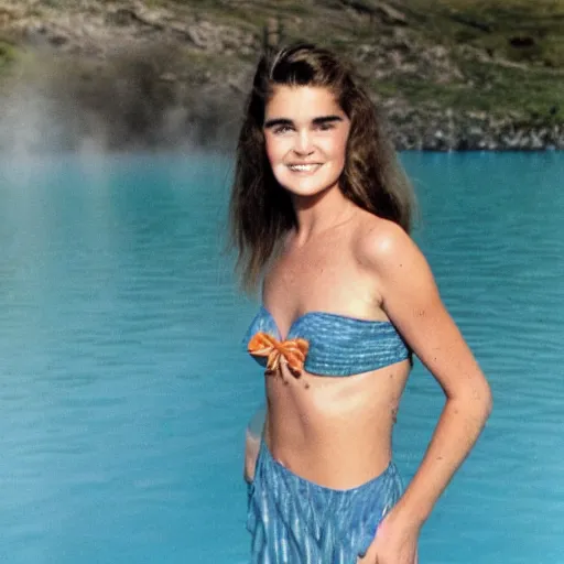 Prompt: A young Brooke Shields trying not to laugh before jumping into the blue lagoon. Photo by David Bailey