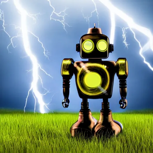 Prompt: a retro style robot in a grassy field during a thunderstorm, realistic lighting