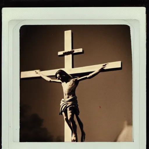 Prompt: Polaroid Photo hidden camera of the crucifixion of Christ